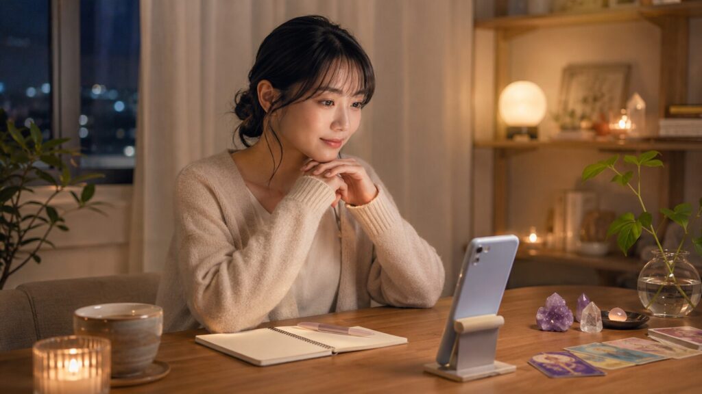 自宅でスマホを使いココナラ電話占いを相談する日本人女性