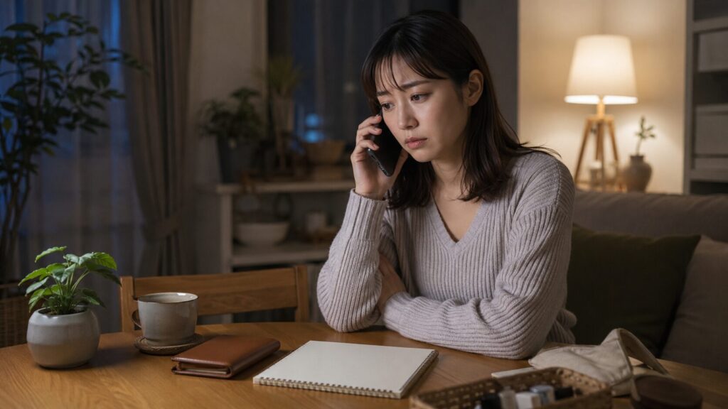 電話占いの料金や依存リスクを考えながら相談する日本人女性
