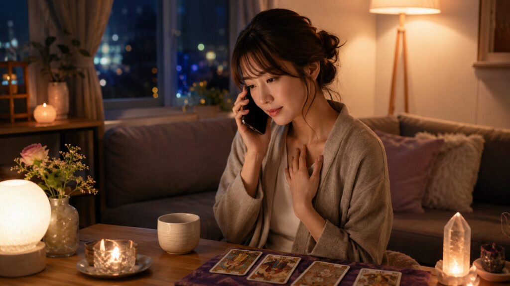 夜の自宅で電話占いを利用する日本人女性が悩みを相談している落ち着いた室内風景