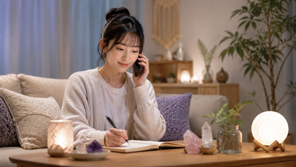 ココナラ電話占いの相談前に自宅でメモを取りながら電話する日本人女性