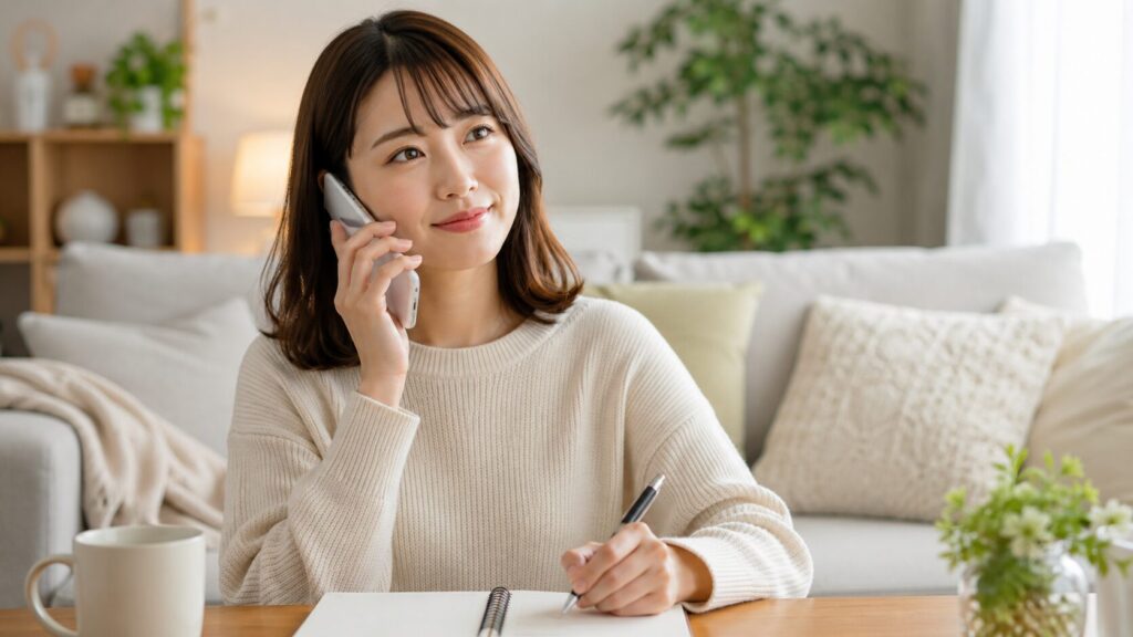 自宅で電話占いを受けながらノートに相談内容を整理する日本人女性