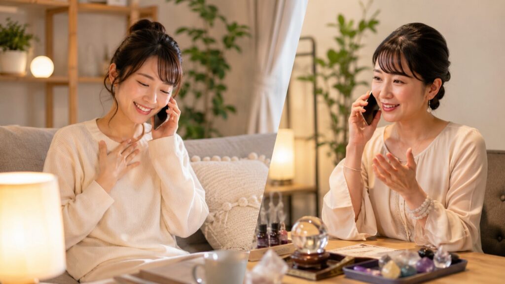自宅で安心して電話占いを受ける日本人女性と相談に応じる占い師