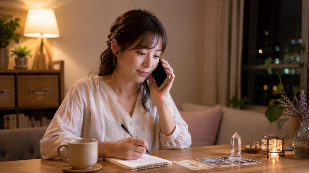 自宅で電話占いを利用しながら悩みをメモする日本人女性