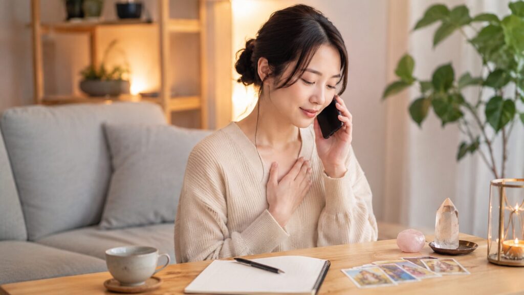 自宅で電話占いを受けながらノートに相談内容を整理する日本人女性