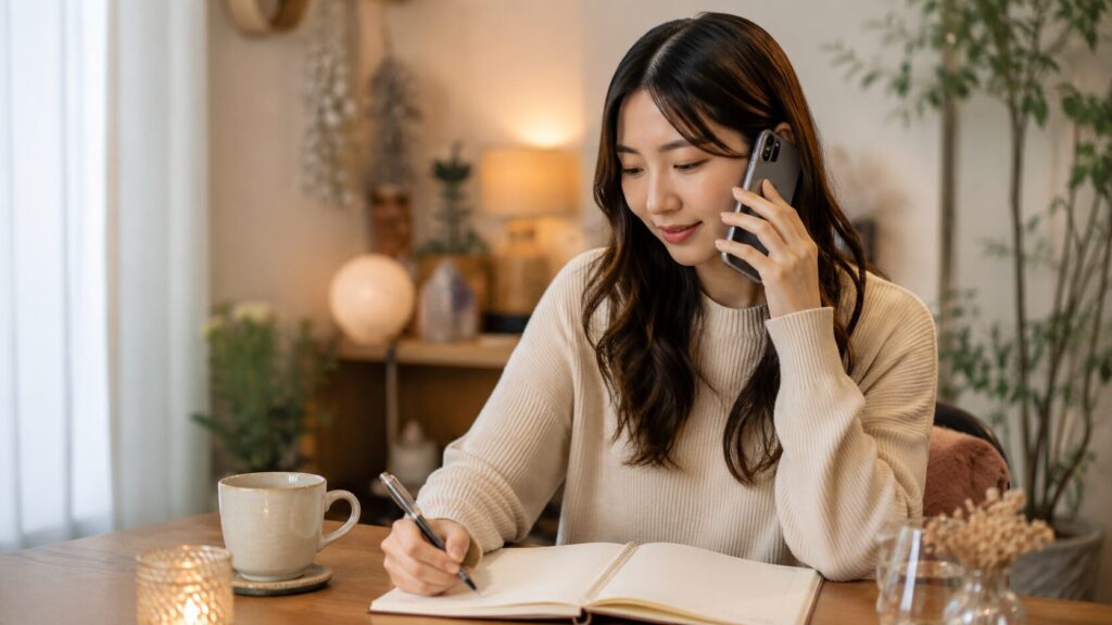 電話占いで相談内容をメモしながら鑑定を受ける日本人女性