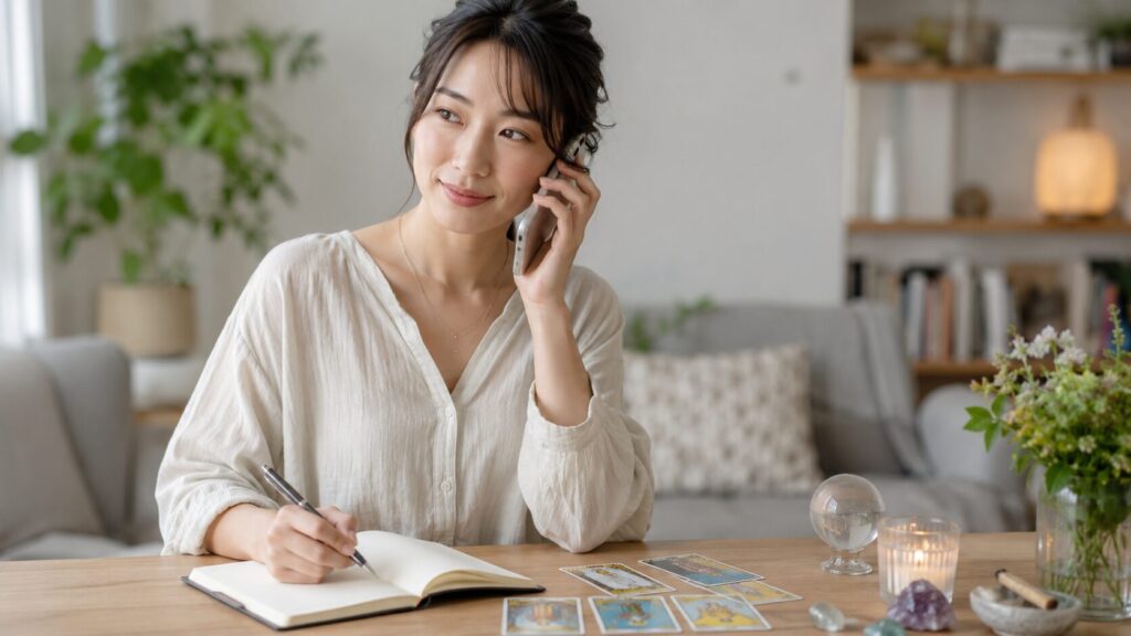 自宅で電話占いを受けながらメモを取る日本人女性
