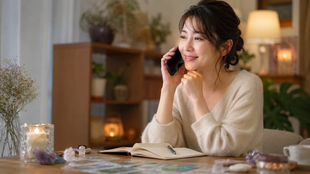 占いの悩みを電話相談で落ち着いて話す日本人女性
