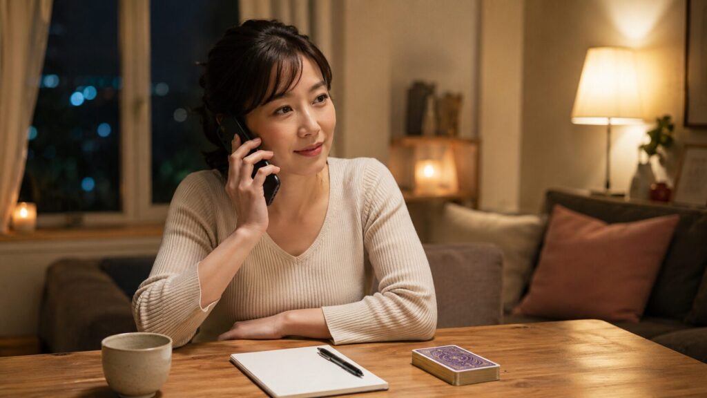 自宅で電話占いを受けながらメモを取る日本人女性