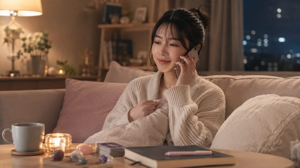 夜の自宅で電話占いを利用して恋愛相談をする日本人女性