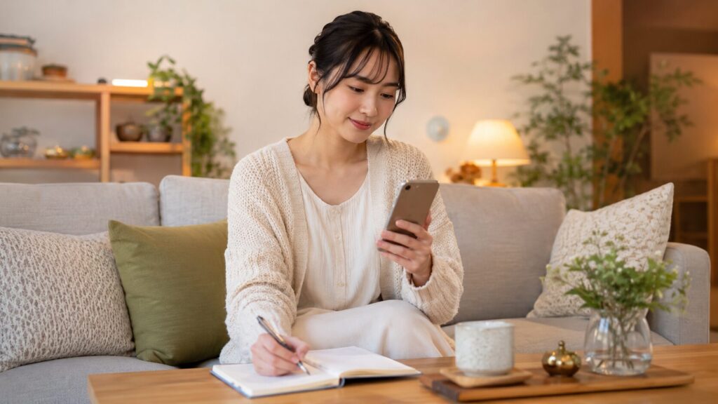 スマホで電話占いを確認しながらノートに相談内容を整理する日本人女性