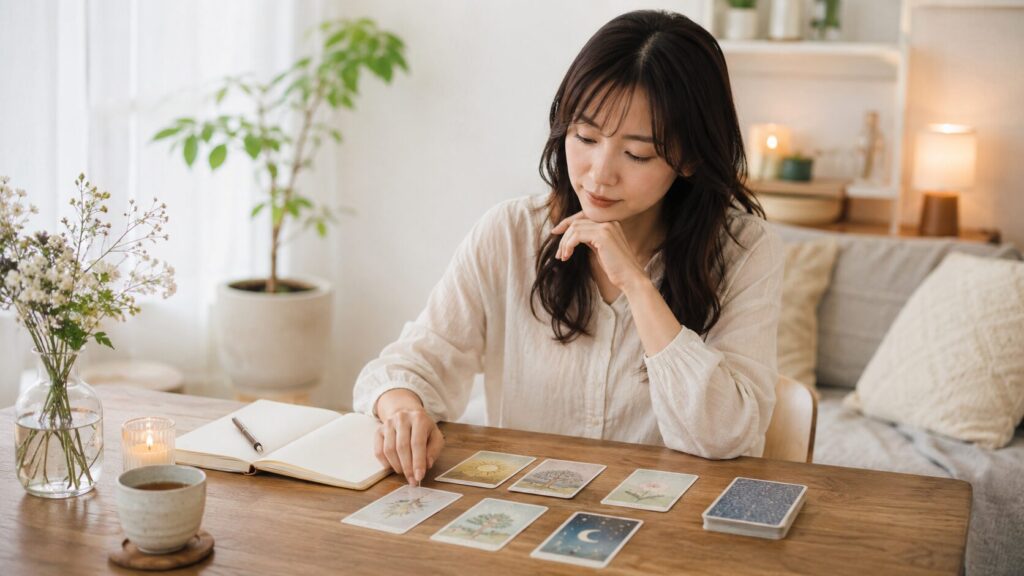 自宅でタロットカードを並べて占いを簡単に自分で始める日本人女性