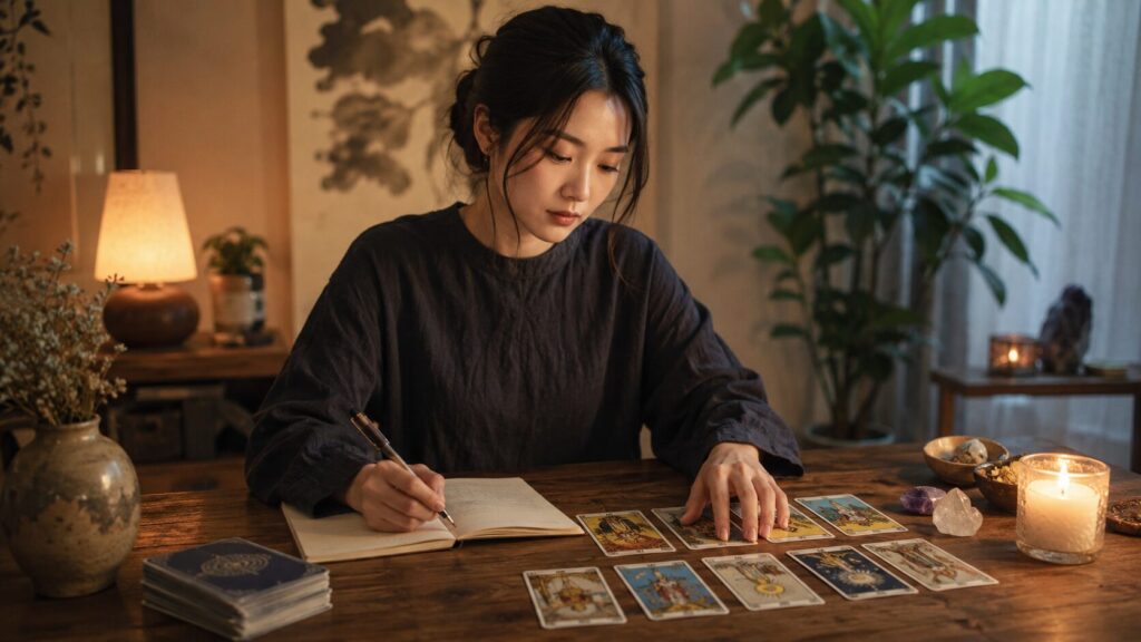 タロットカードとノートで悩みを整理し自己理解を深める日本人女性