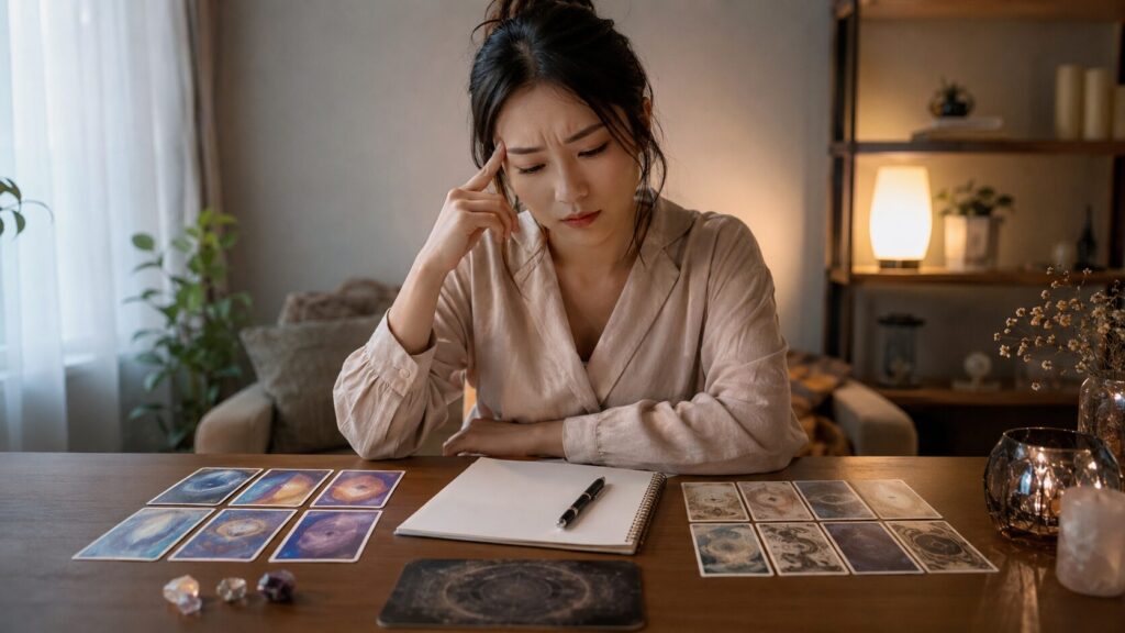 複数の占い結果を比べて混乱する日本人女性とタロットカード