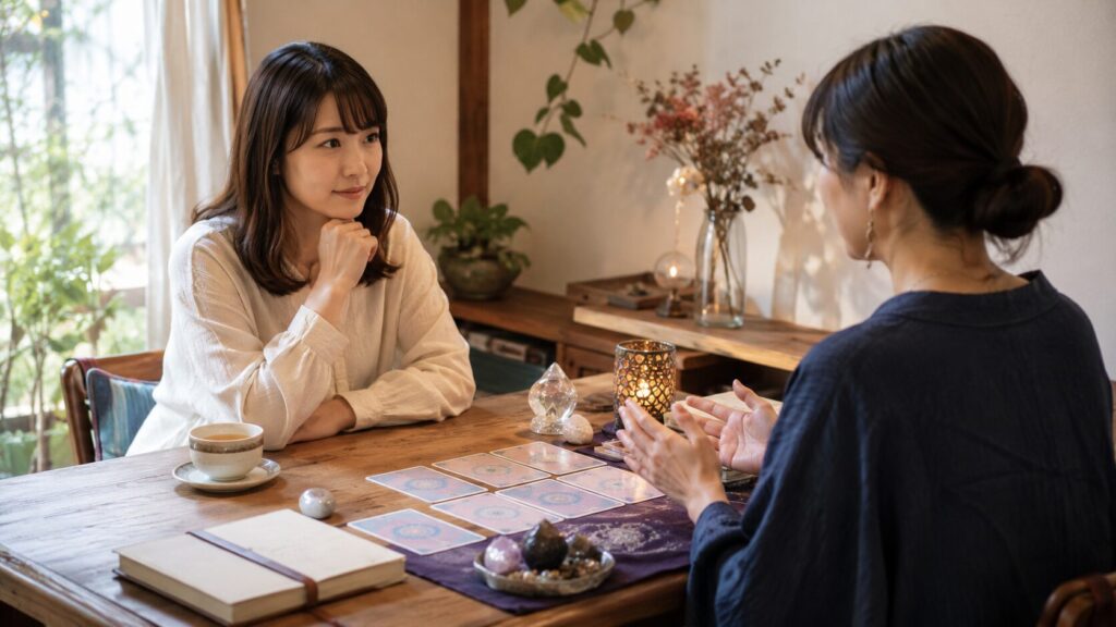 占い師に相談する日本人女性が占いはしごの不安を整理する様子