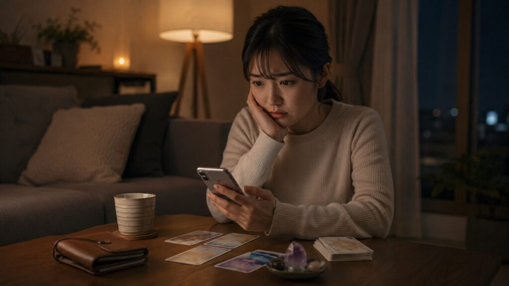 夜にスマホを見ながら電話占いの使いすぎを心配する日本人女性