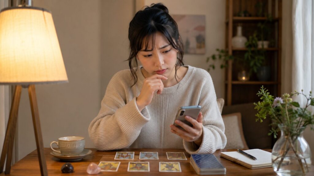 タロットカードとスマホを見ながら占いが当たる理由を考える日本人女性