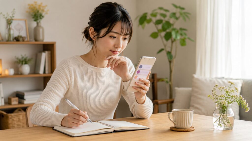 安い電話占いをスマホで比較しながらメモを取る日本人女性