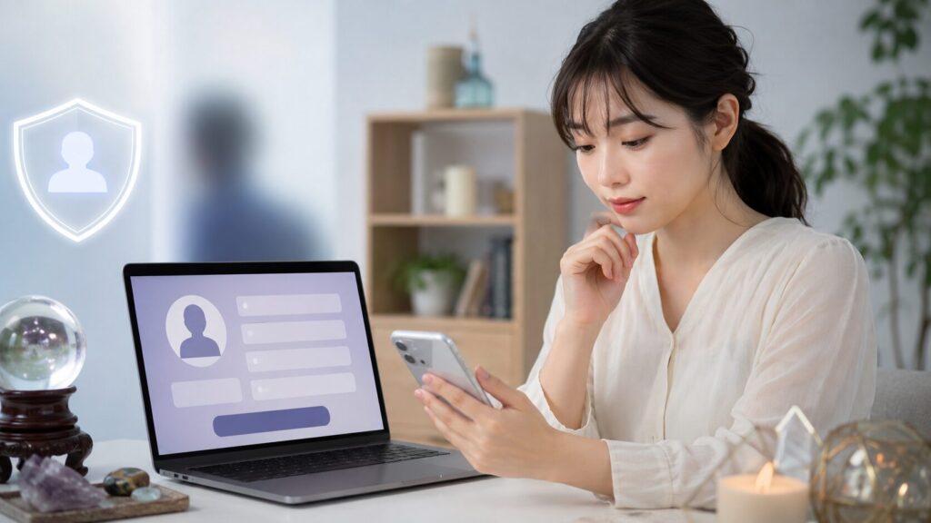占いサイトでニックネームと個人情報の設定を確認する日本人女性