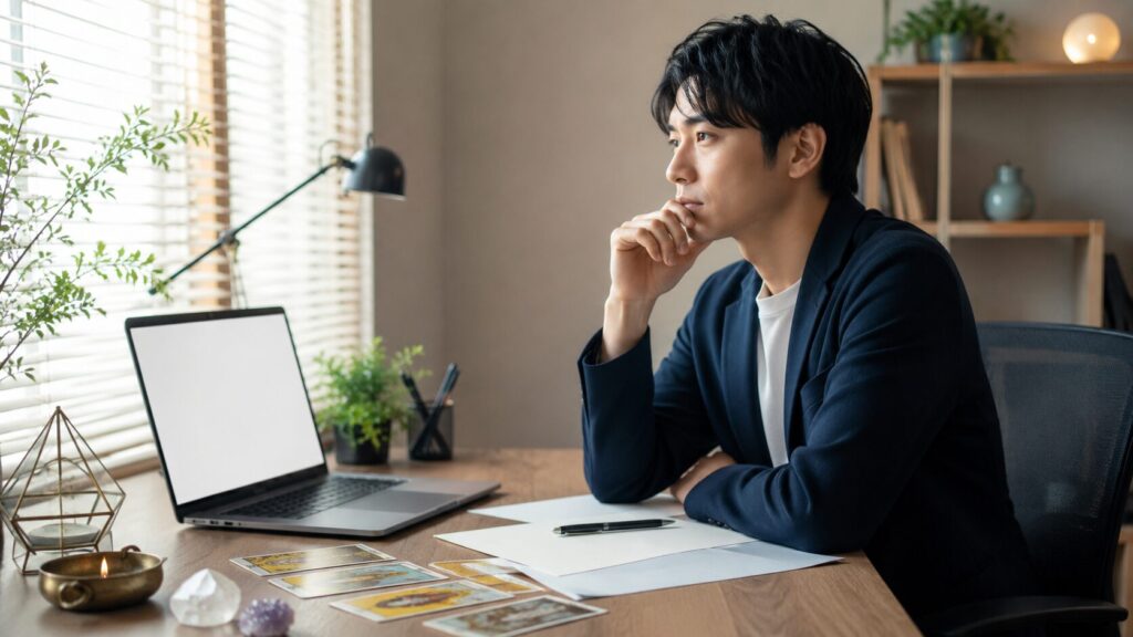 仕事や転職の悩みを占いで相談する前に考える日本人男性とノートパソコン
