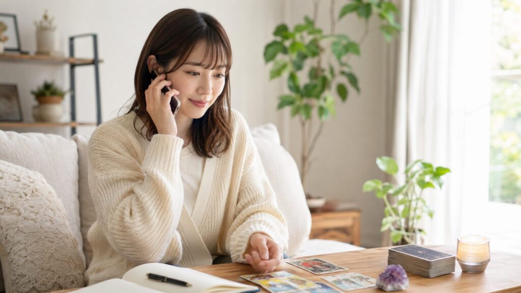 ココナラ電話占いを想定してスマホで恋愛相談をする日本人女性とタロットカード
