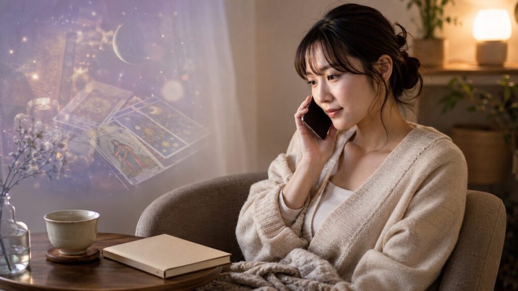 自宅でココナラの霊視電話占いを受ける日本人女性