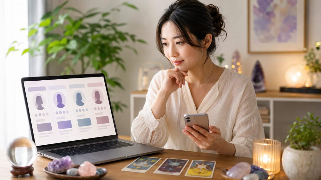 ココナラ占いで霊視の先生と口コミを比較する日本人女性