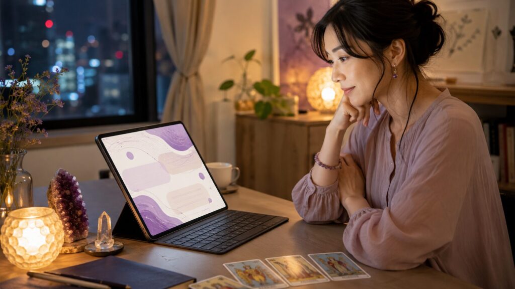 ココナラの霊視による文章鑑定をタブレットで読む日本人女性