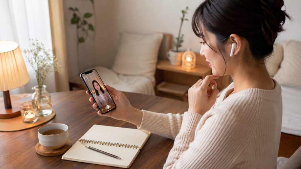 ココナラ占いのアプリ通話で自宅から電話鑑定を受ける女性
