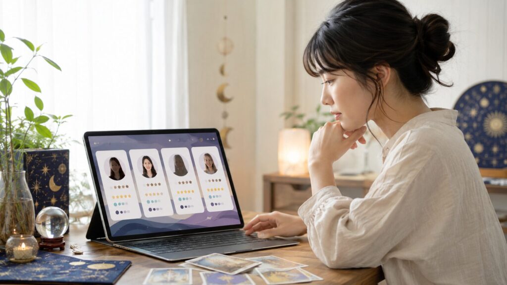 ココナラ占いで占い師のプロフィールや評価を比較して選ぶ女性