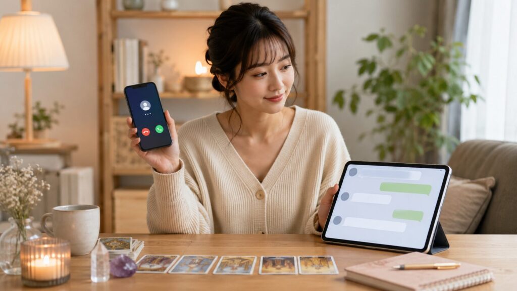 ココナラ占いの電話相談とメール相談の違いをスマホとタブレットで確認する女性