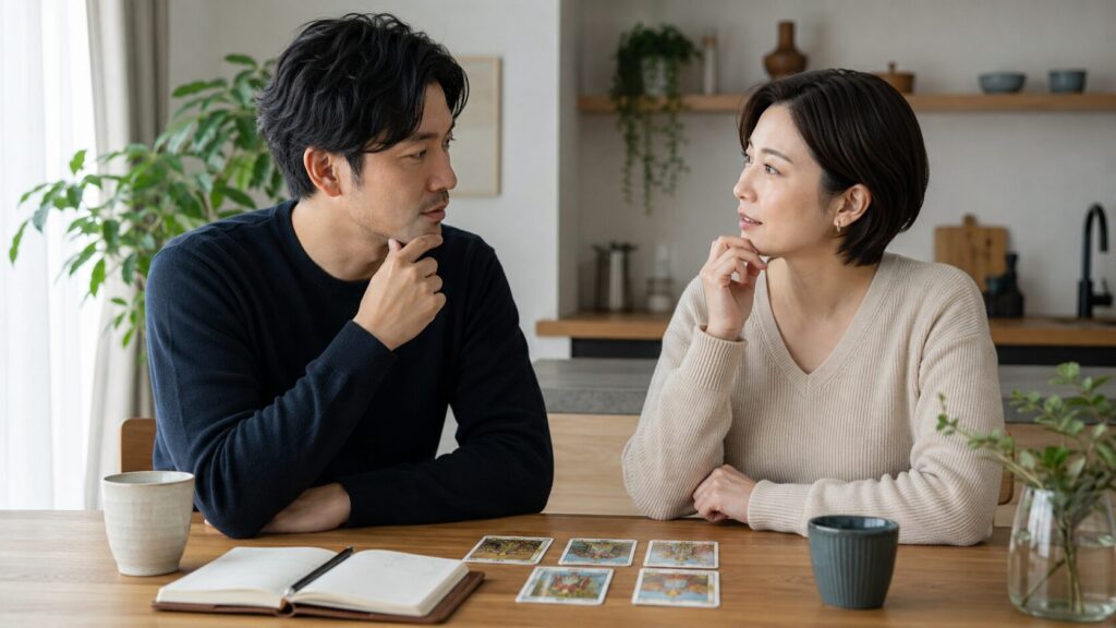占い結果を参考にしながら恋愛や結婚について話し合う日本人カップル
