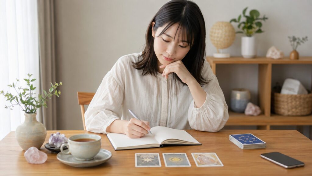 占い初心者の日本人女性がタロットカードを前に相談内容をノートへ整理している様子