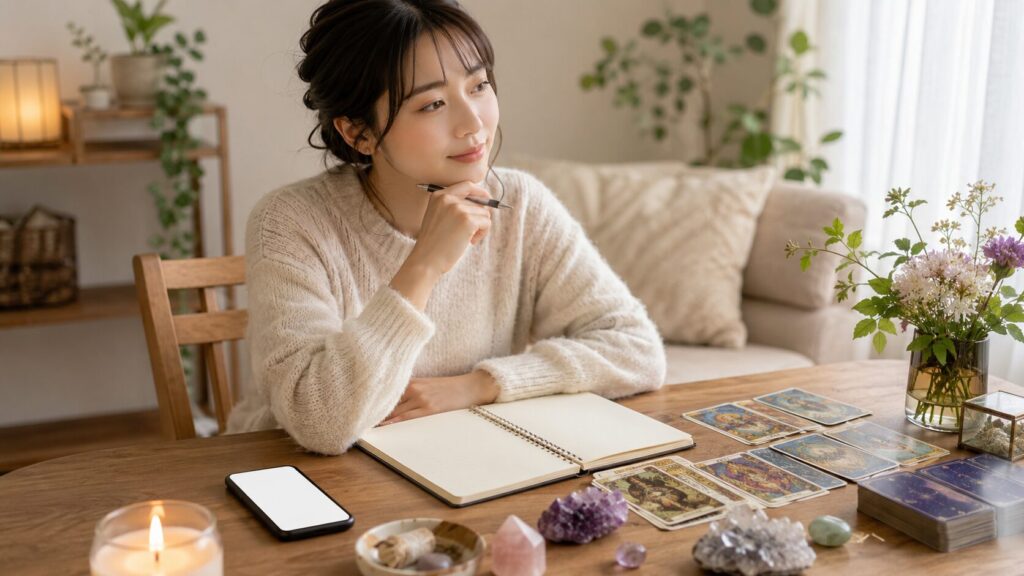 占いの相談内容を整理する日本人女性がノートとタロットカードを前に考えている様子