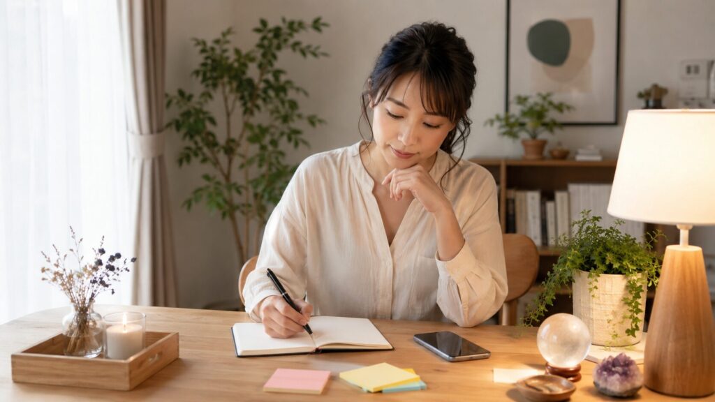 占いの質問を整理するためにノートへ悩みを書き出す日本人女性