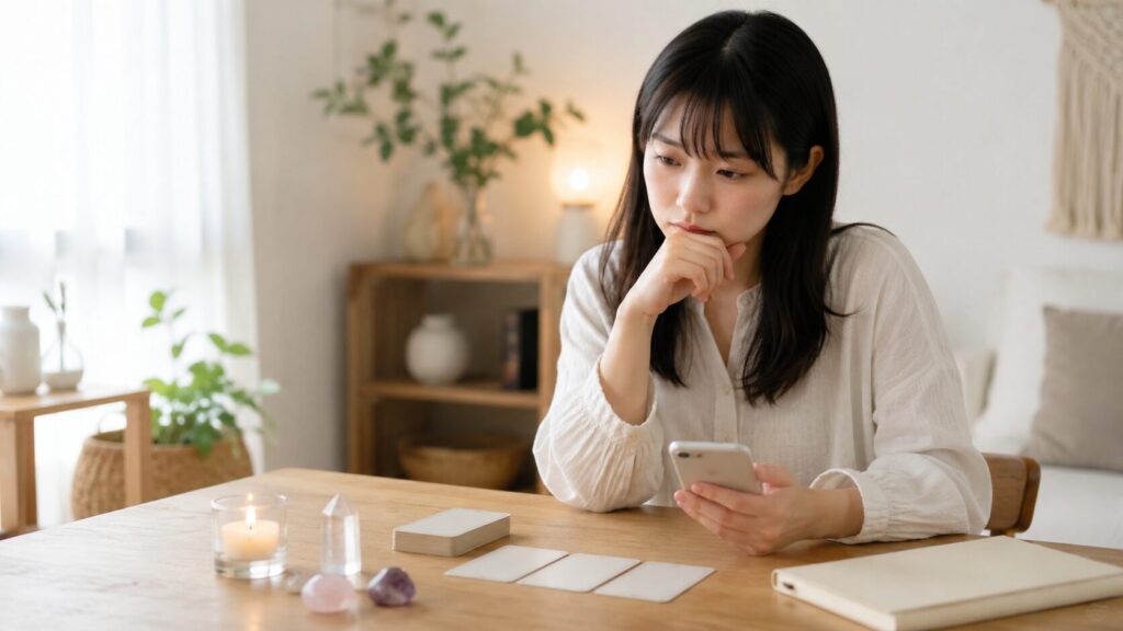 占い結果を人に話すか迷い、スマホとカードを前に考え込む日本人女性