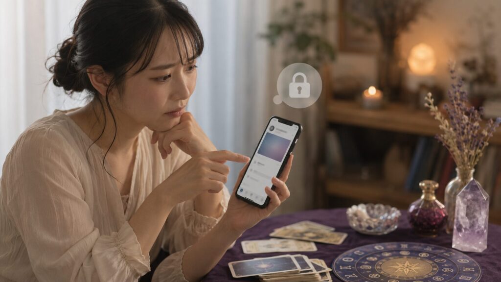 占い結果をSNSに投稿する前に個人情報の公開をためらう日本人女性