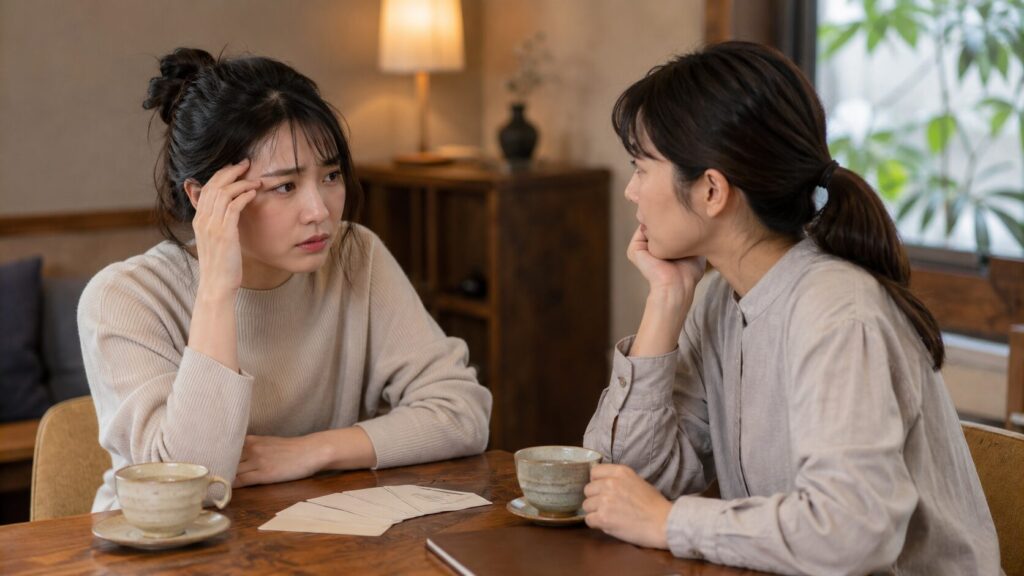 占い結果について信頼できる相手に相談する日本人女性二人の会話