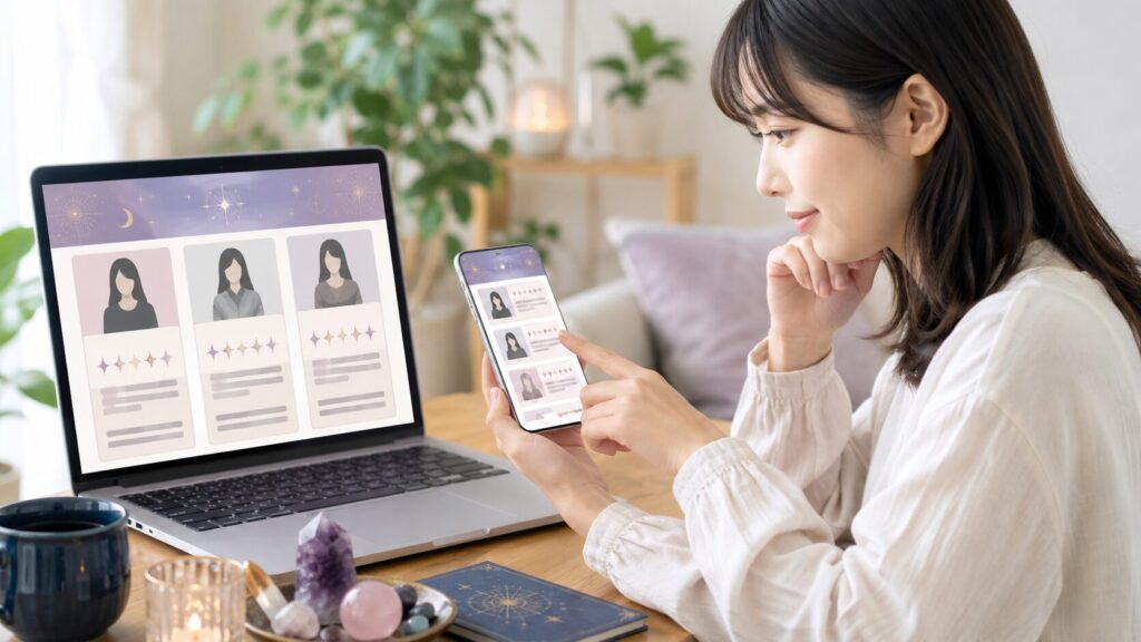 日本人女性がスマートフォンとパソコンで占い師の口コミやプロフィールを比較している様子