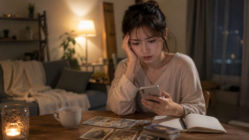 占いの結果が気になりスマートフォンを何度も確認する日本人女性