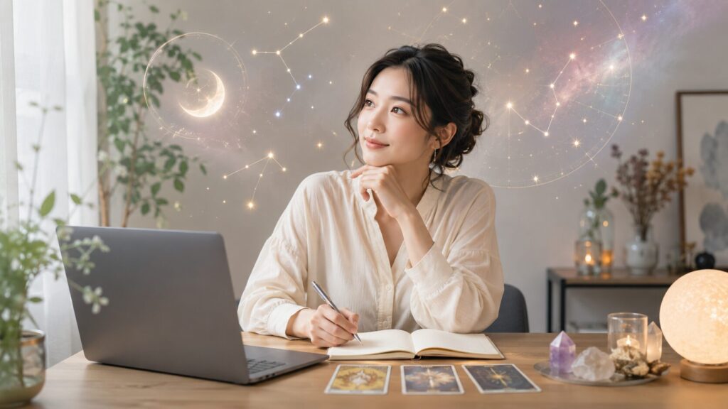 占いで転職時期を考えながらノートに整理する日本人女性