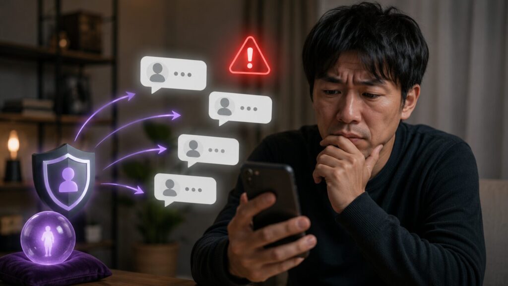 占いサイトの外部連絡先への誘導を警戒してスマホを見る日本人男性