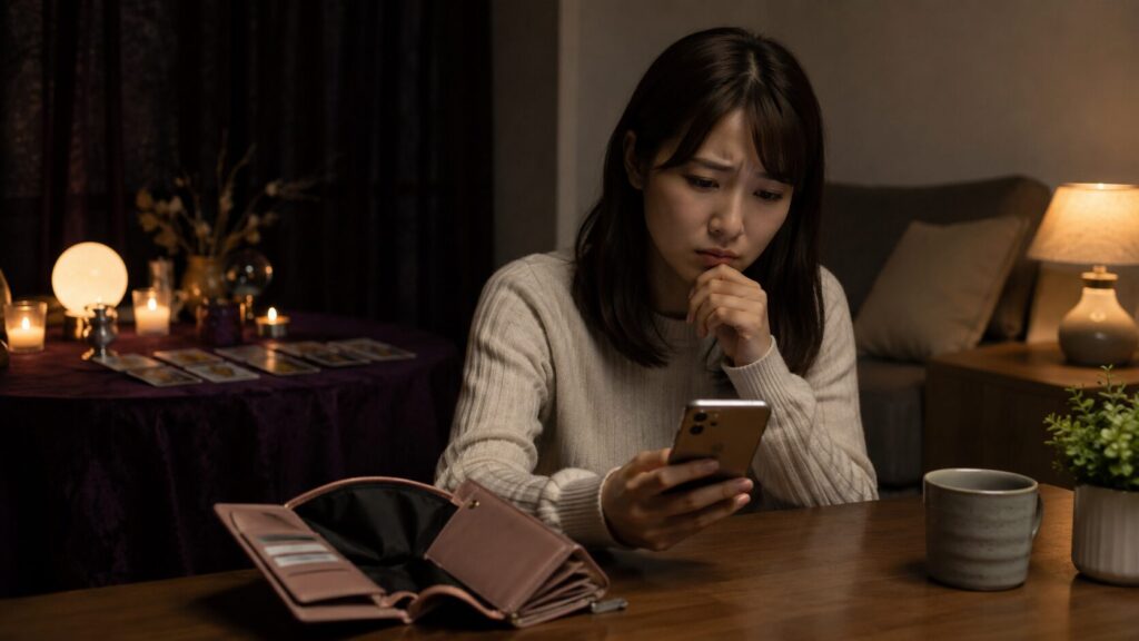 電話占いや占いサイトの高額請求を心配してスマホと財布を確認する日本人女性