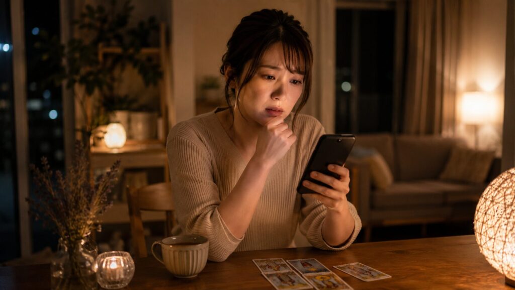 浮気の不安を抱えスマートフォンとタロットカードを見る日本人女性