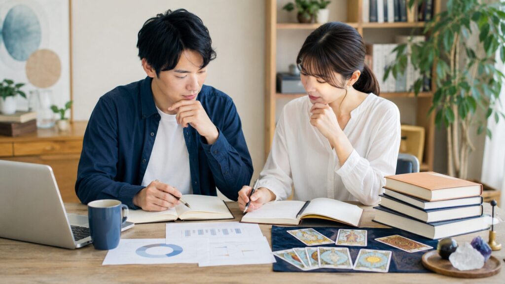 占いと知能の関係を資料で検討する日本人の男女