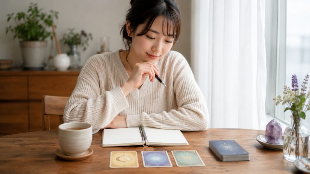 人生相談の質問をノートに整理する日本人女性とタロットカード