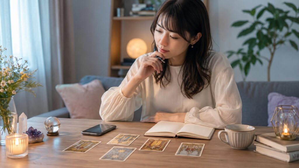 占いが当たるからくりを考えながらタロットとノートで悩みを整理する日本人女性