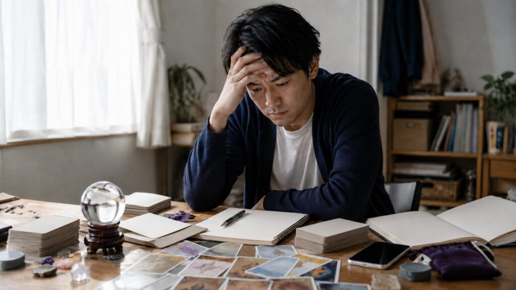 複数の占い結果に迷い頭を抱える占いジプシー状態の日本人男性