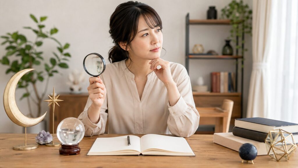 占いの科学的根拠を虫眼鏡で検証する日本人女性