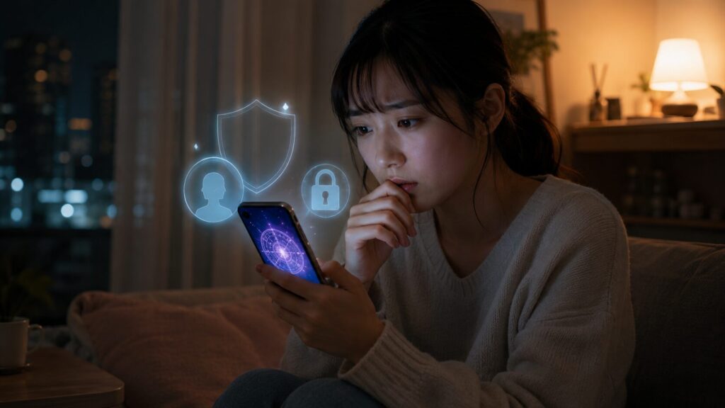 占いサイトの名前バレや個人情報流出を心配してスマホを見る日本人女性