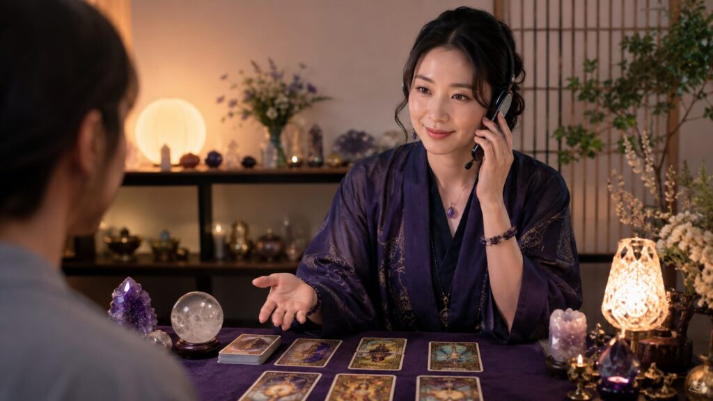 タロットカードを使い電話相談に応じる日本人女性占い師